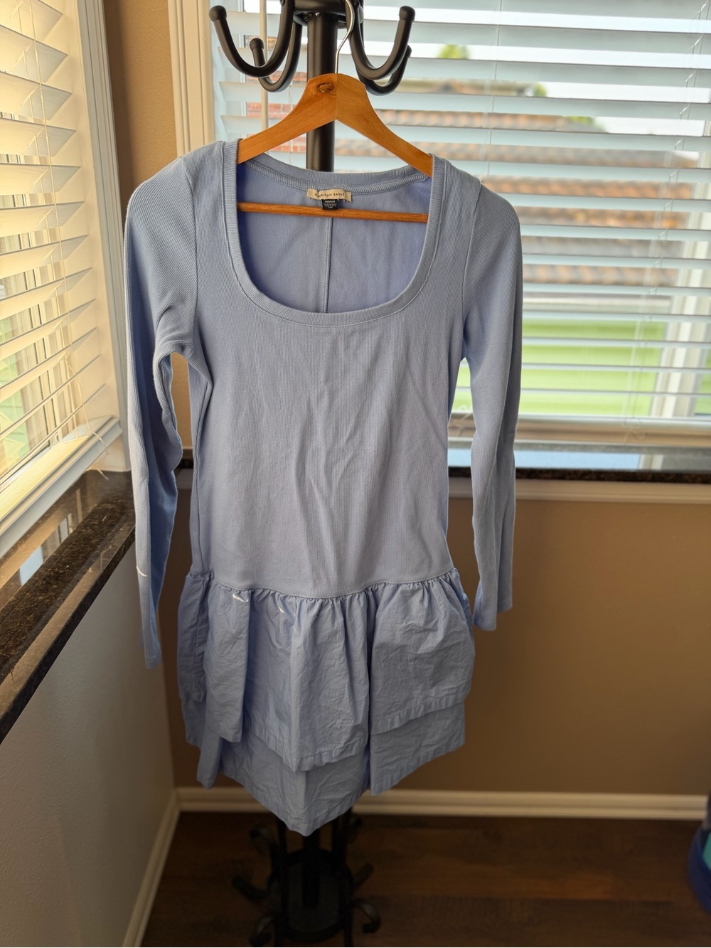 NWOT- American Eagle Outfitters Light Blue Scoop Neck Long Sleeve Peplum Tunic